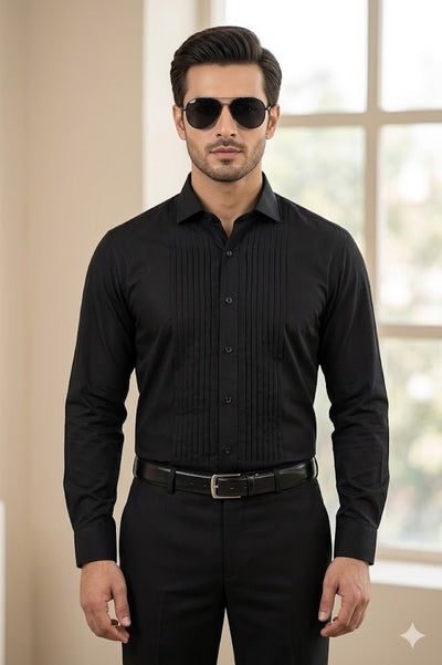 Black Pintex Design Tuxedo Shirt