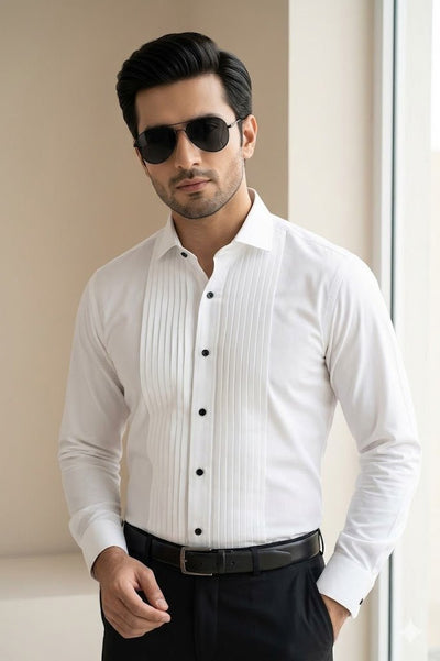 White Pintex Design Tuxedo Shirt
